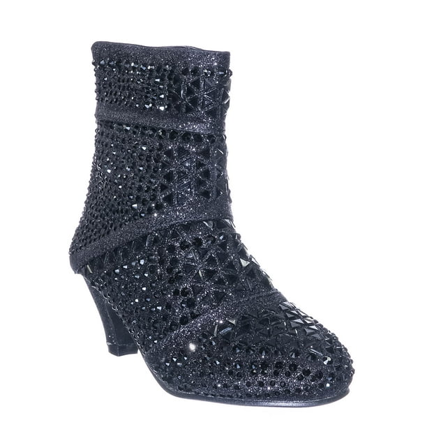 Girls Glitter Ankle Suede Boots Studded Rhinestone Kids High Heel Booties